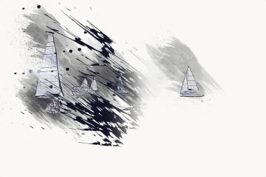 Gölde yelken açan yatlar, arka planda bulutlar, illüstrasyon, çizim, eskiz, klasik sanat, resim, antika, retro