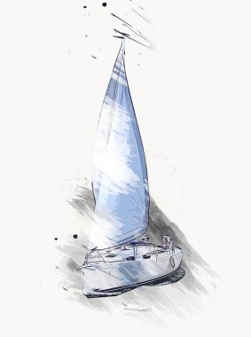 Gölde yelken açan yatlar, arka planda bulutlar, illüstrasyon, çizim, eskiz, klasik sanat, resim, antika, retro