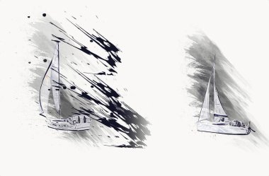 Gölde yelken açan yatlar, arka planda bulutlar, illüstrasyon, çizim, eskiz, klasik sanat, resim, antika, retro