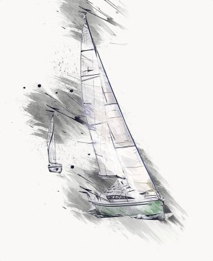 Gölde yelken açan yatlar, arka planda bulutlar, illüstrasyon, çizim, eskiz, klasik sanat, resim, antika, retro