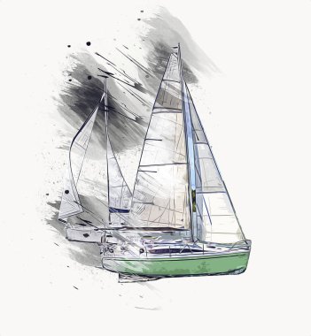 Gölde yelken açan yatlar, arka planda bulutlar, illüstrasyon, çizim, eskiz, klasik sanat, resim, antika, retro