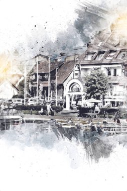 Güneşli yaz gününde Mikolajki kasabasında yat gezintisi, Mazury Lake District, Polonya, illüstrasyon, çizim, eskiz, klasik, sanat, resim, antika, retro