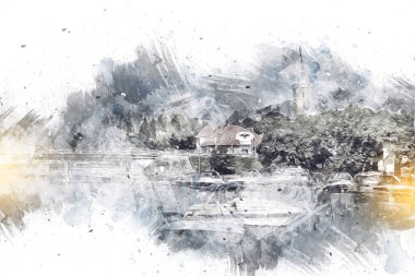 Güneşli yaz gününde Mikolajki kasabasında yat gezintisi, Mazury Lake District, Polonya, illüstrasyon, çizim, eskiz, klasik, sanat, resim, antika, retro