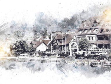 Güneşli yaz gününde Mikolajki kasabasında yat gezintisi, Mazury Lake District, Polonya, illüstrasyon, çizim, eskiz, klasik, sanat, resim, antika, retro