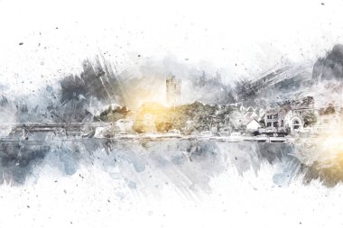 Güneşli yaz gününde Mikolajki kasabasında yat gezintisi, Mazury Lake District, Polonya, illüstrasyon, çizim, eskiz, klasik, sanat, resim, antika, retro