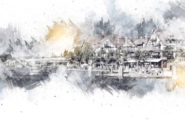 Güneşli yaz gününde Mikolajki kasabasında yat gezintisi, Mazury Lake District, Polonya, illüstrasyon, çizim, eskiz, klasik, sanat, resim, antika, retro