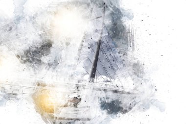 Güneşli yaz gününde Mikolajki kasabasında yat gezintisi, Mazury Lake District, Polonya, illüstrasyon, çizim, eskiz, klasik, sanat, resim, antika, retro