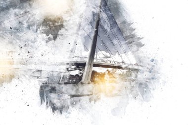 Güneşli yaz gününde Mikolajki kasabasında yat gezintisi, Mazury Lake District, Polonya, illüstrasyon, çizim, eskiz, klasik, sanat, resim, antika, retro