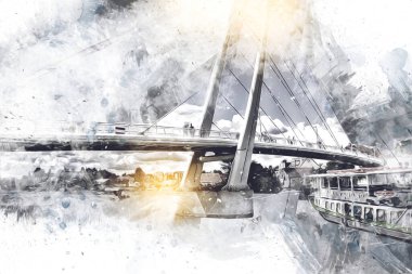 Güneşli yaz gününde Mikolajki kasabasında yat gezintisi, Mazury Lake District, Polonya, illüstrasyon, çizim, eskiz, klasik, sanat, resim, antika, retro