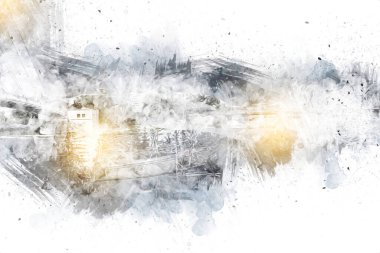 Güneşli yaz gününde Mikolajki kasabasında yat gezintisi, Mazury Lake District, Polonya, illüstrasyon, çizim, eskiz, klasik, sanat, resim, antika, retro