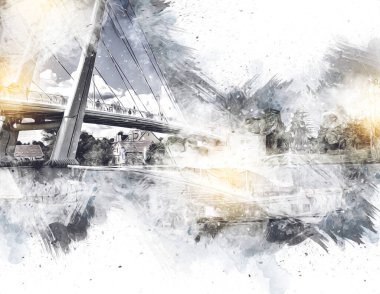 Güneşli yaz gününde Mikolajki kasabasında yat gezintisi, Mazury Lake District, Polonya, illüstrasyon, çizim, eskiz, klasik, sanat, resim, antika, retro