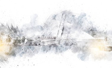 Güneşli yaz gününde Mikolajki kasabasında yat gezintisi, Mazury Lake District, Polonya, illüstrasyon, çizim, eskiz, klasik, sanat, resim, antika, retro