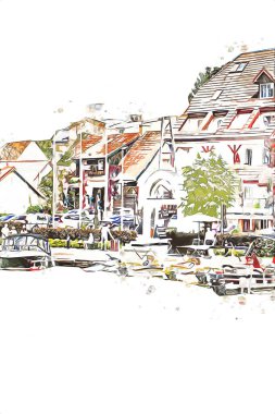 Güneşli yaz gününde Mikolajki kasabasında yat gezintisi, Mazury Lake District, Polonya, illüstrasyon, çizim, eskiz, klasik, sanat, resim, antika, retro