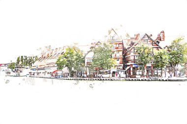 Güneşli yaz gününde Mikolajki kasabasında yat gezintisi, Mazury Lake District, Polonya, illüstrasyon, çizim, eskiz, klasik, sanat, resim, antika, retro