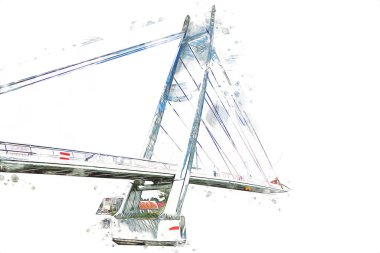 Güneşli yaz gününde Mikolajki kasabasında yat gezintisi, Mazury Lake District, Polonya, illüstrasyon, çizim, eskiz, klasik, sanat, resim, antika, retro