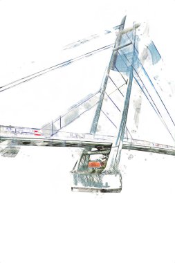 Güneşli yaz gününde Mikolajki kasabasında yat gezintisi, Mazury Lake District, Polonya, illüstrasyon, çizim, eskiz, klasik, sanat, resim, antika, retro