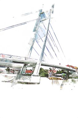 Güneşli yaz gününde Mikolajki kasabasında yat gezintisi, Mazury Lake District, Polonya, illüstrasyon, çizim, eskiz, klasik, sanat, resim, antika, retro