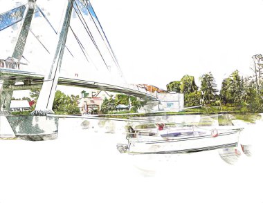 Güneşli yaz gününde Mikolajki kasabasında yat gezintisi, Mazury Lake District, Polonya, illüstrasyon, çizim, eskiz, klasik, sanat, resim, antika, retro