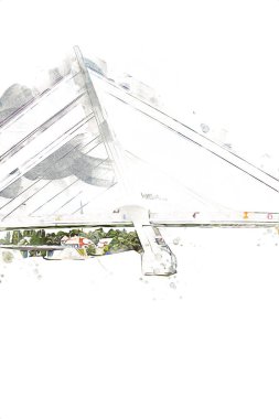 Güneşli yaz gününde Mikolajki kasabasında yat gezintisi, Mazury Lake District, Polonya, illüstrasyon, çizim, eskiz, klasik, sanat, resim, antika, retro