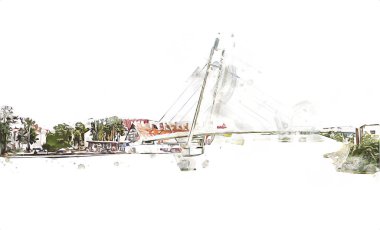 Güneşli yaz gününde Mikolajki kasabasında yat gezintisi, Mazury Lake District, Polonya, illüstrasyon, çizim, eskiz, klasik, sanat, resim, antika, retro
