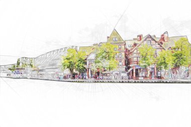 Güneşli yaz gününde Mikolajki kasabasında yat gezintisi, Mazury Lake District, Polonya, illüstrasyon, çizim, eskiz, klasik, sanat, resim, antika, retro