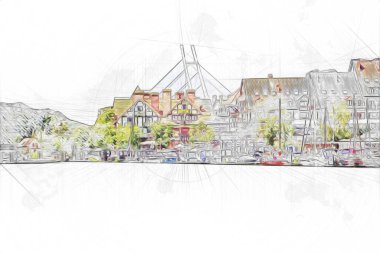 Güneşli yaz gününde Mikolajki kasabasında yat gezintisi, Mazury Lake District, Polonya, illüstrasyon, çizim, eskiz, klasik, sanat, resim, antika, retro