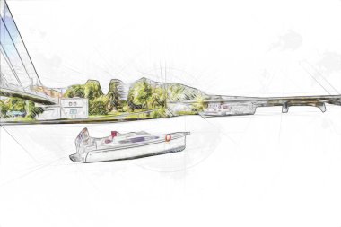 Güneşli yaz gününde Mikolajki kasabasında yat gezintisi, Mazury Lake District, Polonya, illüstrasyon, çizim, eskiz, klasik, sanat, resim, antika, retro