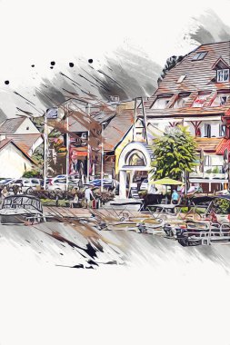 Güneşli yaz gününde Mikolajki kasabasında yat gezintisi, Mazury Lake District, Polonya, illüstrasyon, çizim, eskiz, klasik, sanat, resim, antika, retro