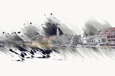 Güneşli yaz gününde Mikolajki kasabasında yat gezintisi, Mazury Lake District, Polonya, illüstrasyon, çizim, eskiz, klasik, sanat, resim, antika, retro