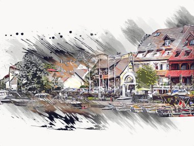 Güneşli yaz gününde Mikolajki kasabasında yat gezintisi, Mazury Lake District, Polonya, illüstrasyon, çizim, eskiz, klasik, sanat, resim, antika, retro