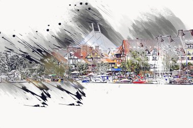 Güneşli yaz gününde Mikolajki kasabasında yat gezintisi, Mazury Lake District, Polonya, illüstrasyon, çizim, eskiz, klasik, sanat, resim, antika, retro