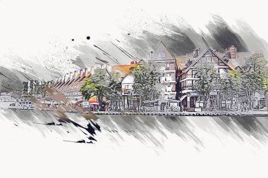 Güneşli yaz gününde Mikolajki kasabasında yat gezintisi, Mazury Lake District, Polonya, illüstrasyon, çizim, eskiz, klasik, sanat, resim, antika, retro