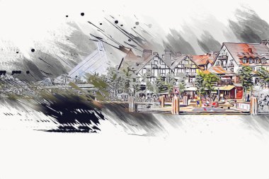 Güneşli yaz gününde Mikolajki kasabasında yat gezintisi, Mazury Lake District, Polonya, illüstrasyon, çizim, eskiz, klasik, sanat, resim, antika, retro