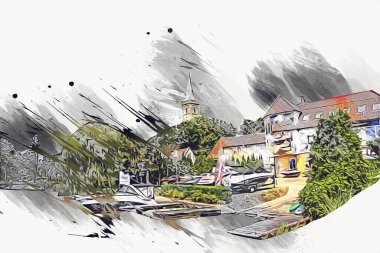 Güneşli yaz gününde Mikolajki kasabasında yat gezintisi, Mazury Lake District, Polonya, illüstrasyon, çizim, eskiz, klasik, sanat, resim, antika, retro