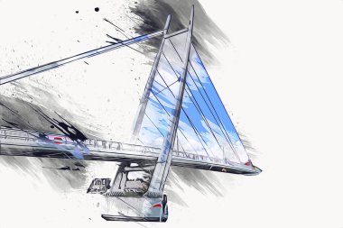 Güneşli yaz gününde Mikolajki kasabasında yat gezintisi, Mazury Lake District, Polonya, illüstrasyon, çizim, eskiz, klasik, sanat, resim, antika, retro