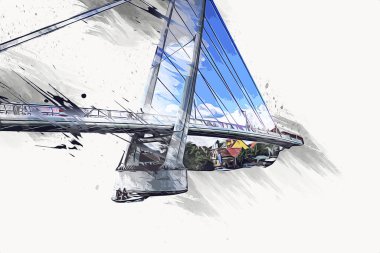 Güneşli yaz gününde Mikolajki kasabasında yat gezintisi, Mazury Lake District, Polonya, illüstrasyon, çizim, eskiz, klasik, sanat, resim, antika, retro