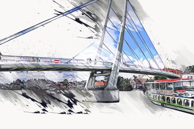 Güneşli yaz gününde Mikolajki kasabasında yat gezintisi, Mazury Lake District, Polonya, illüstrasyon, çizim, eskiz, klasik, sanat, resim, antika, retro