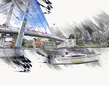 Güneşli yaz gününde Mikolajki kasabasında yat gezintisi, Mazury Lake District, Polonya, illüstrasyon, çizim, eskiz, klasik, sanat, resim, antika, retro