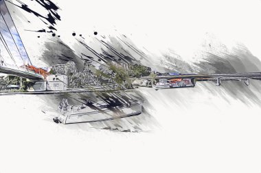 Güneşli yaz gününde Mikolajki kasabasında yat gezintisi, Mazury Lake District, Polonya, illüstrasyon, çizim, eskiz, klasik, sanat, resim, antika, retro