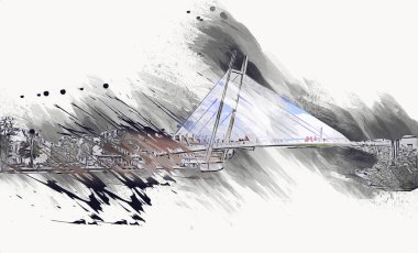 Güneşli yaz gününde Mikolajki kasabasında yat gezintisi, Mazury Lake District, Polonya, illüstrasyon, çizim, eskiz, klasik, sanat, resim, antika, retro