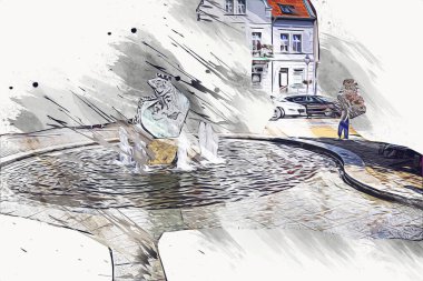 Mikolajki 'deki şehir pazarı güneşli yaz gününde, Mazury Lake Bölgesi, Polonya, illüstrasyon, çizim, eskiz, klasik, resim, antika, retro