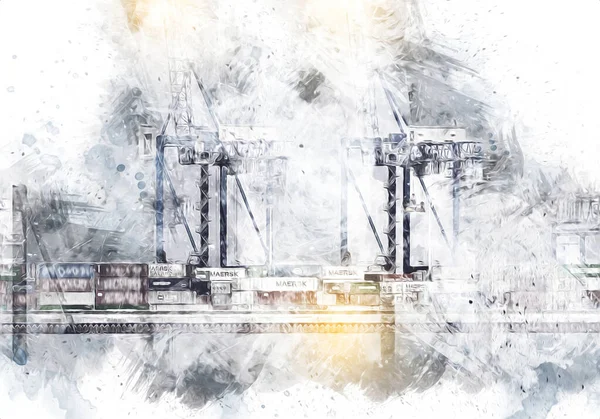 Gdansk limanı - Stogi Sahili yakınlarındaki konteynır terminali, Pomerania, Polonya, illüstrasyon, çizim, eskiz, klasik, resim, antika, retro