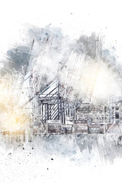 Gdansk limanı - Stogi Sahili yakınlarındaki konteynır terminali, Pomerania, Polonya, illüstrasyon, çizim, eskiz, klasik, resim, antika, retro