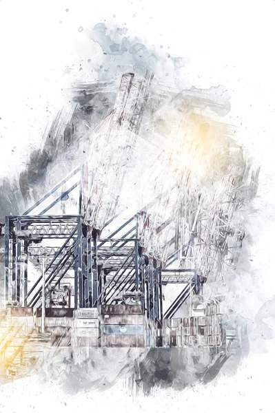 Gdansk limanı - Stogi Sahili yakınlarındaki konteynır terminali, Pomerania, Polonya, illüstrasyon, çizim, eskiz, klasik, resim, antika, retro