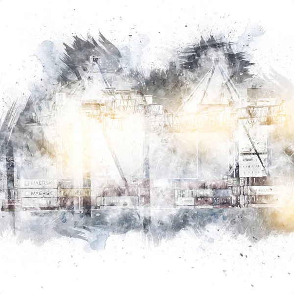 Gdansk limanı - Stogi Sahili yakınlarındaki konteynır terminali, Pomerania, Polonya, illüstrasyon, çizim, eskiz, klasik, resim, antika, retro