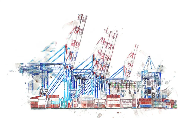 Gdansk Hamn Containerterminalen Nära Stogi Stranden Pommern Polen Illustration Teckning — Stockfoto