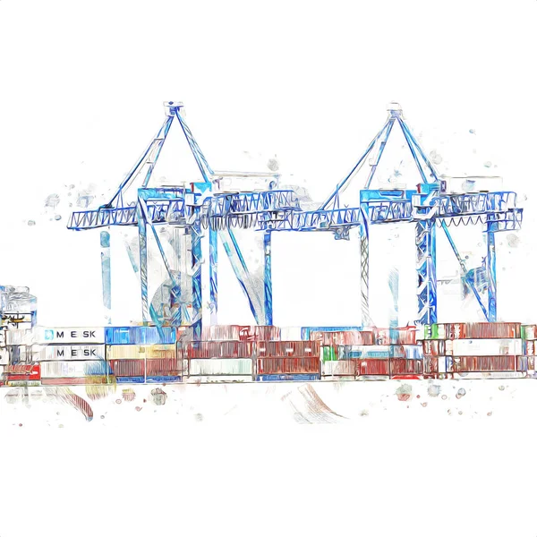 Gdansk Hamn Containerterminalen Nära Stogi Stranden Pommern Polen Illustration Teckning — Stockfoto