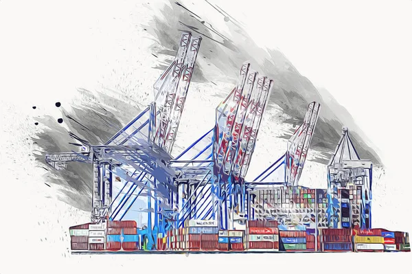 Gdansk Harbour Container Terminal Stogi Beach Pomerania Poland Illustration Drawing — Stock Photo, Image