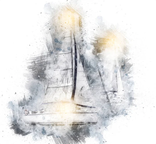 Gölde yelken açan yatlar, arka planda bulutlar, illüstrasyon, çizim, eskiz, klasik sanat, resim, antika, retro