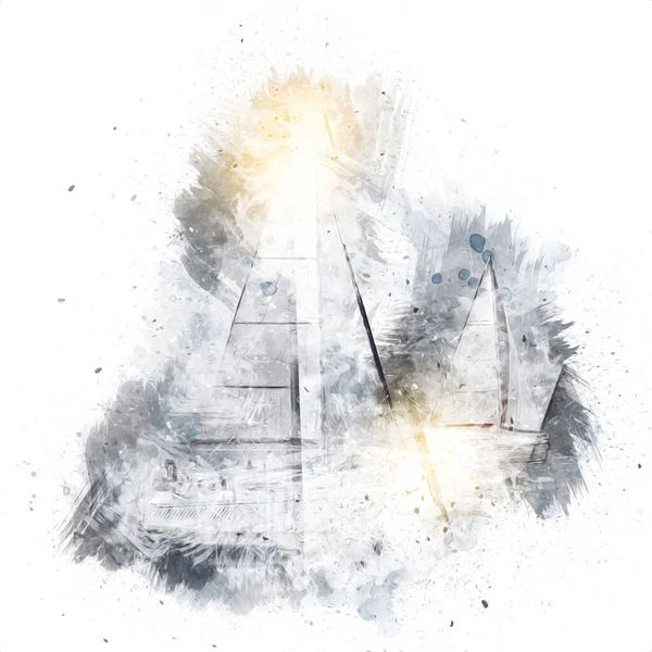 Gölde yelken açan yatlar, arka planda bulutlar, illüstrasyon, çizim, eskiz, klasik sanat, resim, antika, retro